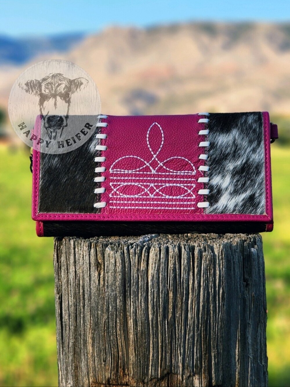 Boot-Stitch and Leather Cowhide Wristlet Wallet